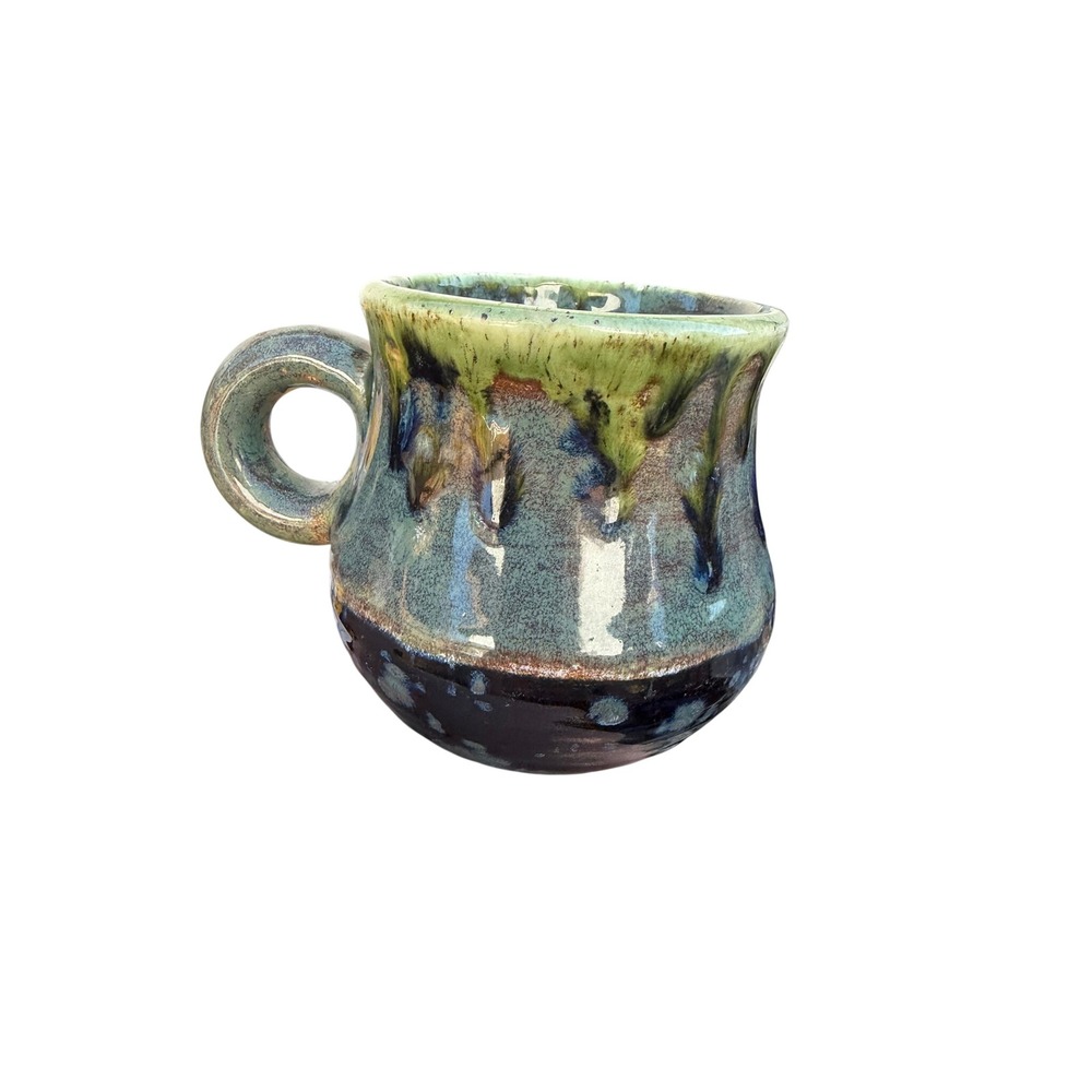 Studio Pottery Mug Green Blue Drip Glaze Good Signed 2004 Artisan Boho Cabin